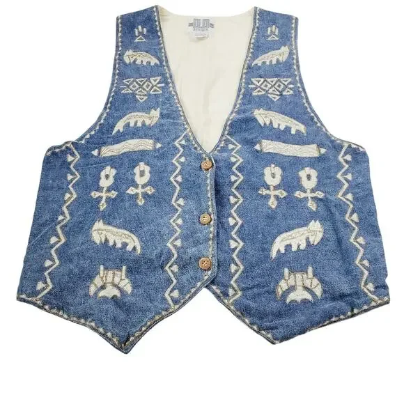 OO Designs 100% Cotton Western Style Vest Unisex Small Blue Denim Embroiled Rare - Picture 2 of 12